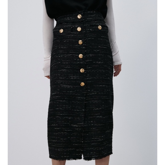 ZARA Black Tweed Textured Gold Buttons Skirt - Picture 7 of 11